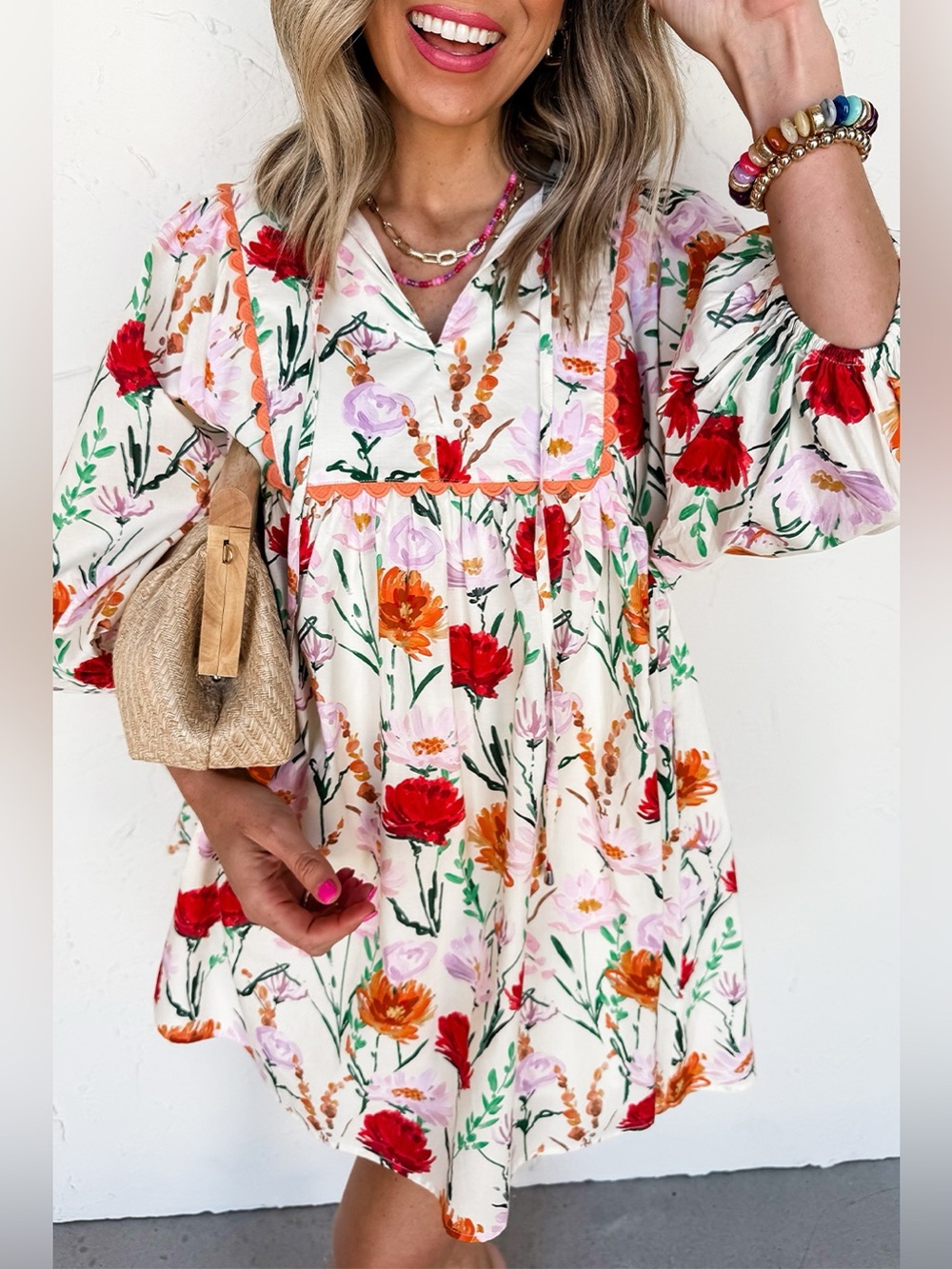 Floral Print 3/4 Puff Sleeve Ricrac Trim Mini Dress